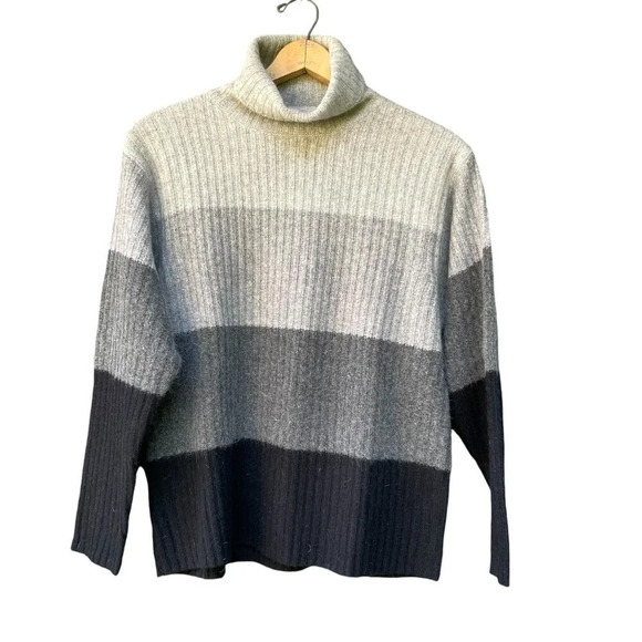SKYR Lambs Wool & Angora Cozy Ribbed Striped Gray Black Cowl Neck Sweater Size L - Picture 1 of 9